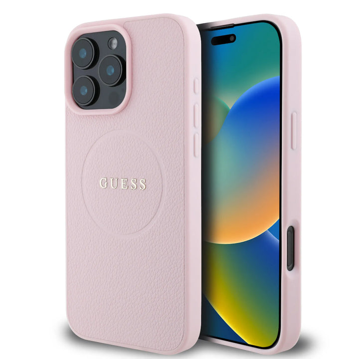 Guess iPhone 16 Pro Backcover hoesje - Magsafe PU Leather - Grained With Gold Ring - Roze-Hoesjes-Ilumina Benelux