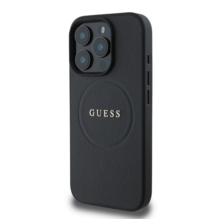 Guess iPhone 16 Pro Backcover hoesje - Magsafe PU Leather - Grained With Gold Ring - Zwart-Hoesjes-Ilumina Benelux