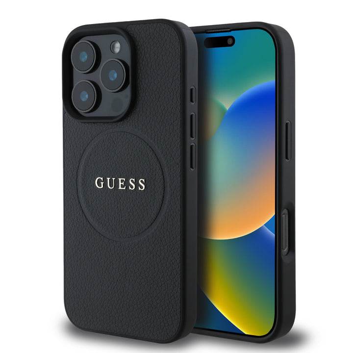 Guess iPhone 16 Pro Backcover hoesje - Magsafe PU Leather - Grained With Gold Ring - Zwart-Hoesjes-Ilumina Benelux