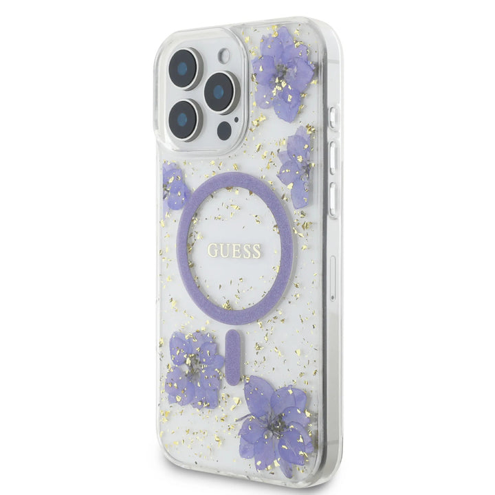 Guess iPhone 16 Pro Backcover hoesje - Magsafe - Resin Flowers Design - Paars-Hoesjes-Ilumina Benelux