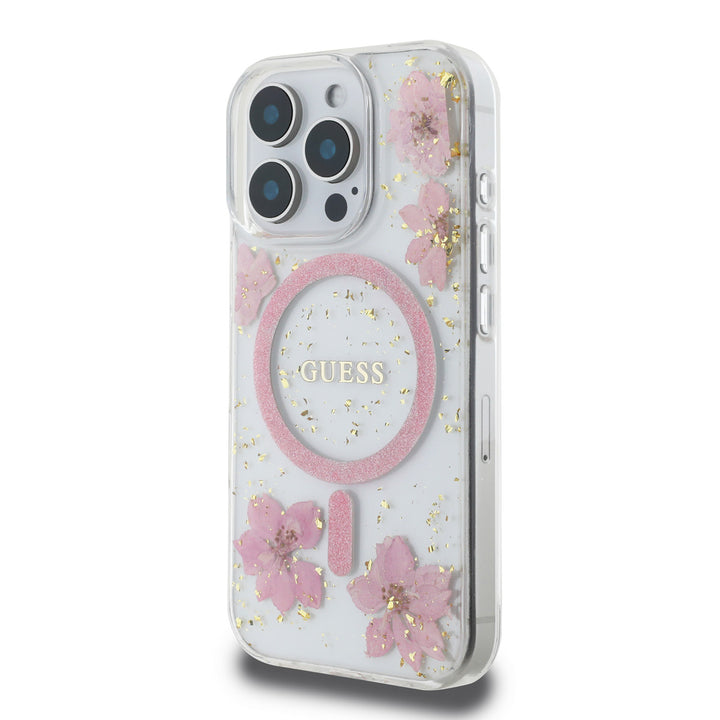 Guess iPhone 16 Pro Backcover hoesje - Magsafe - Resin Flowers Design - Roze-Hoesjes-Ilumina Benelux