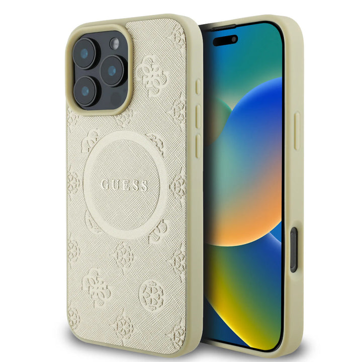 Guess iPhone 16 Pro Backcover hoesje - Magsafe Saffiano PU - Peony Classic Logo - Goud-Hoesjes-Ilumina Benelux