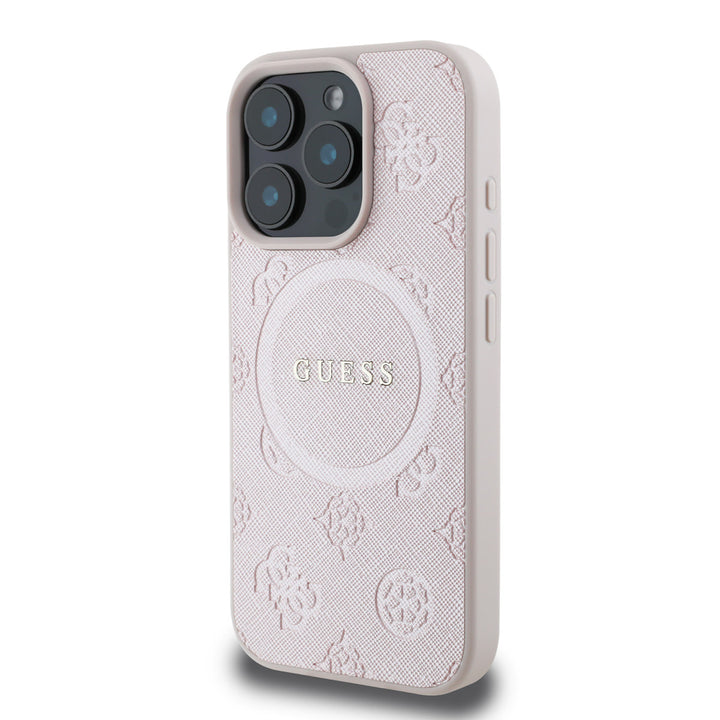 Guess iPhone 16 Pro Backcover hoesje - Magsafe Saffiano PU - Peony Classic Logo - Roze-Hoesjes-Ilumina Benelux