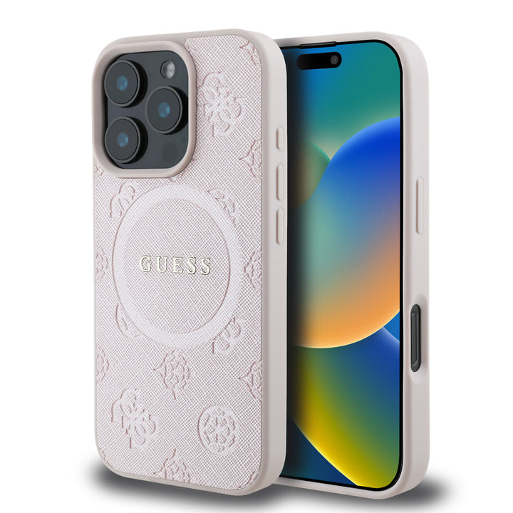 Guess iPhone 16 Pro Backcover hoesje - Magsafe Saffiano PU - Peony Classic Logo - Roze-Hoesjes-Ilumina Benelux