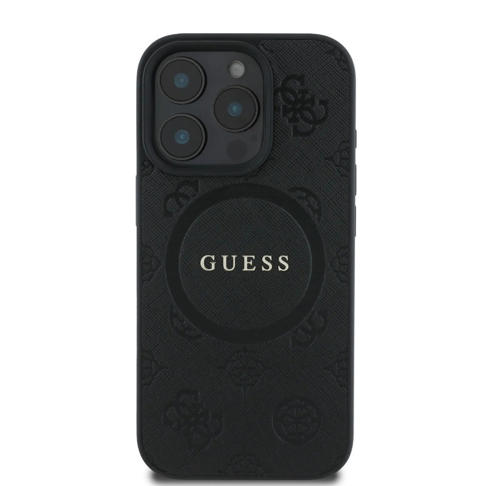 Guess iPhone 16 Pro Backcover hoesje - Magsafe Saffiano PU - Peony Classic Logo - Zwart-Hoesjes-Ilumina Benelux