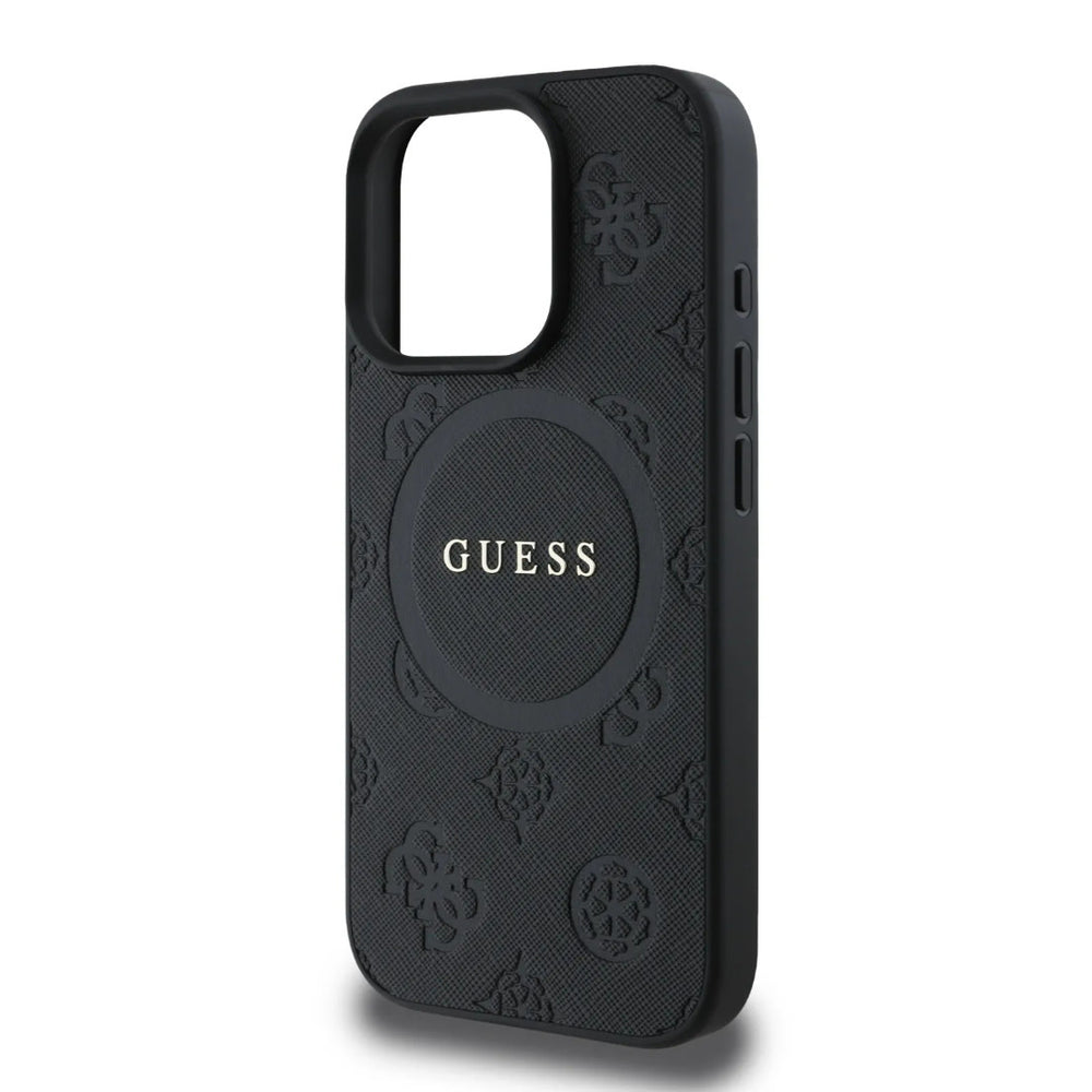 Guess iPhone 16 Pro Backcover hoesje - Magsafe Saffiano PU - Peony Classic Logo - Zwart-Hoesjes-Ilumina Benelux