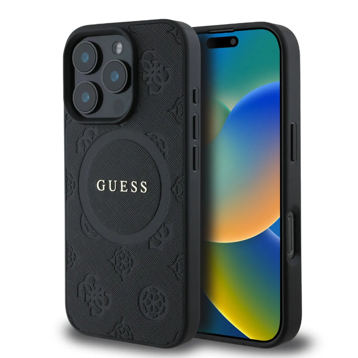 Guess iPhone 16 Pro Backcover hoesje - Magsafe Saffiano PU - Peony Classic Logo - Zwart-Hoesjes-Ilumina Benelux