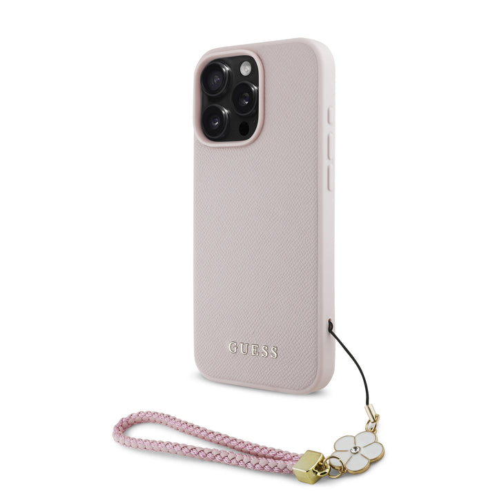 Guess iPhone 16 Pro Backcover hoesje Magsafe grained - flower charm strap - Roze-Hoesjes-Ilumina Benelux