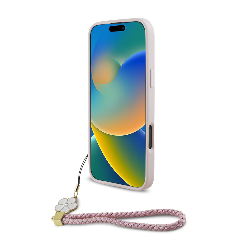 Guess iPhone 16 Pro Backcover hoesje Magsafe grained - flower charm strap - Roze-Hoesjes-Ilumina Benelux