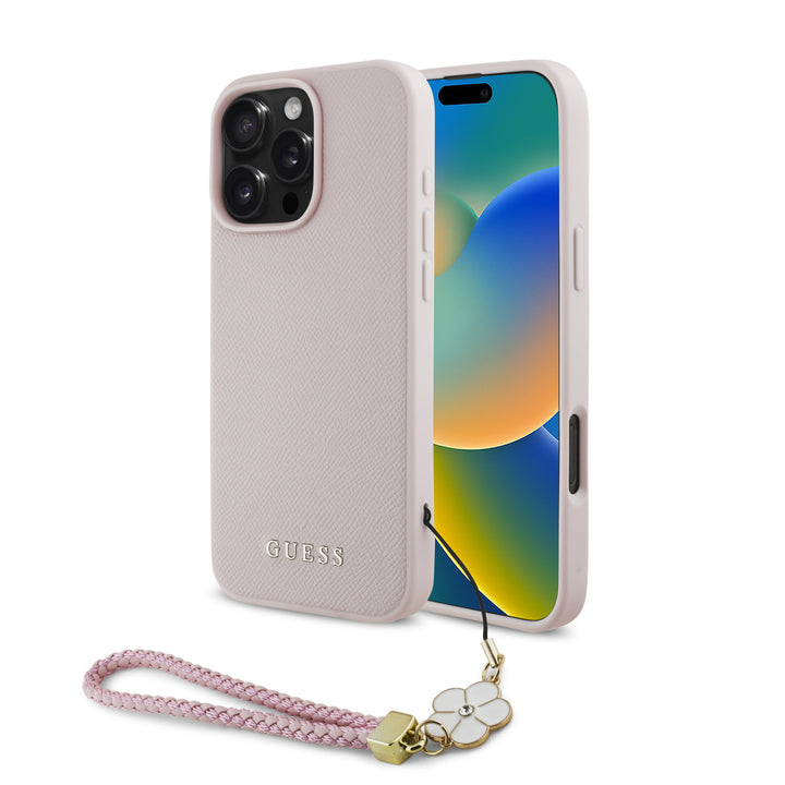 Guess iPhone 16 Pro Backcover hoesje Magsafe grained - flower charm strap - Roze-Hoesjes-Ilumina Benelux