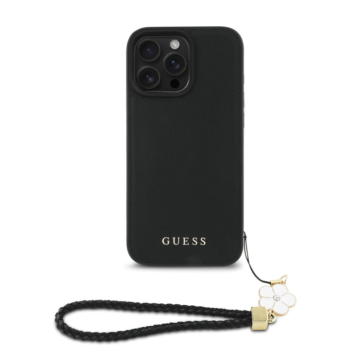 Guess iPhone 16 Pro Backcover hoesje Magsafe grained - flower charm strap - Zwart-Hoesjes-Ilumina Benelux