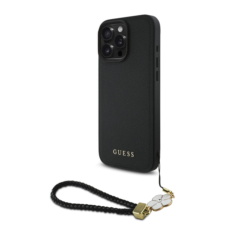 Guess iPhone 16 Pro Backcover hoesje Magsafe grained - flower charm strap - Zwart-Hoesjes-Ilumina Benelux
