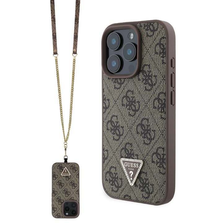 Guess iPhone 16 Pro Backcover hoesje PU Leather Metal Logo Crossbody - Bruin-Hoesjes-Ilumina Benelux