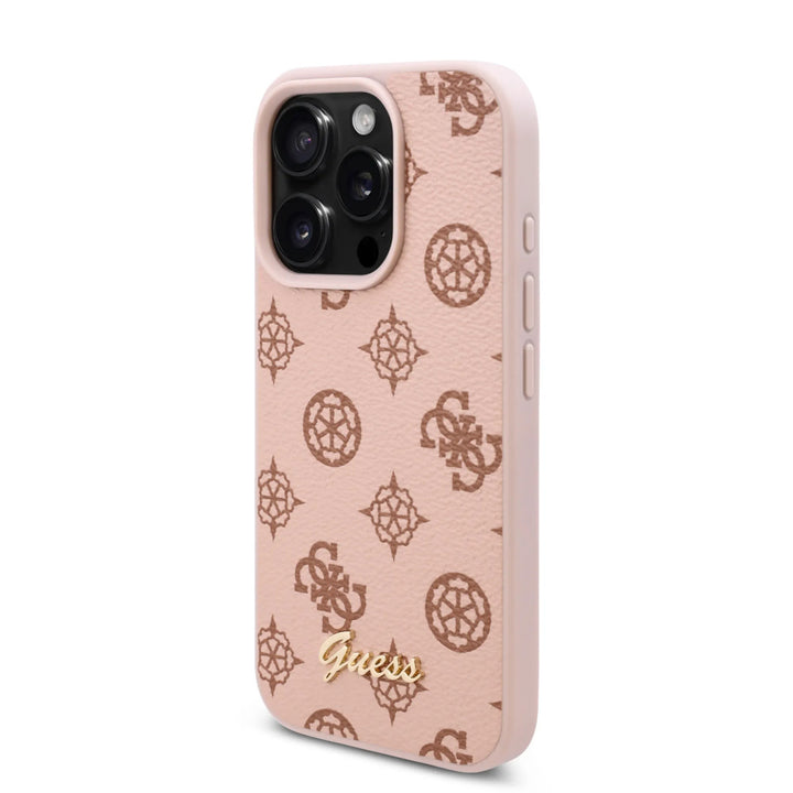Guess iPhone 16 Pro Backcover hoesje - PU Leather - Peony Script Logo - Bruin-Hoesjes-Ilumina Benelux