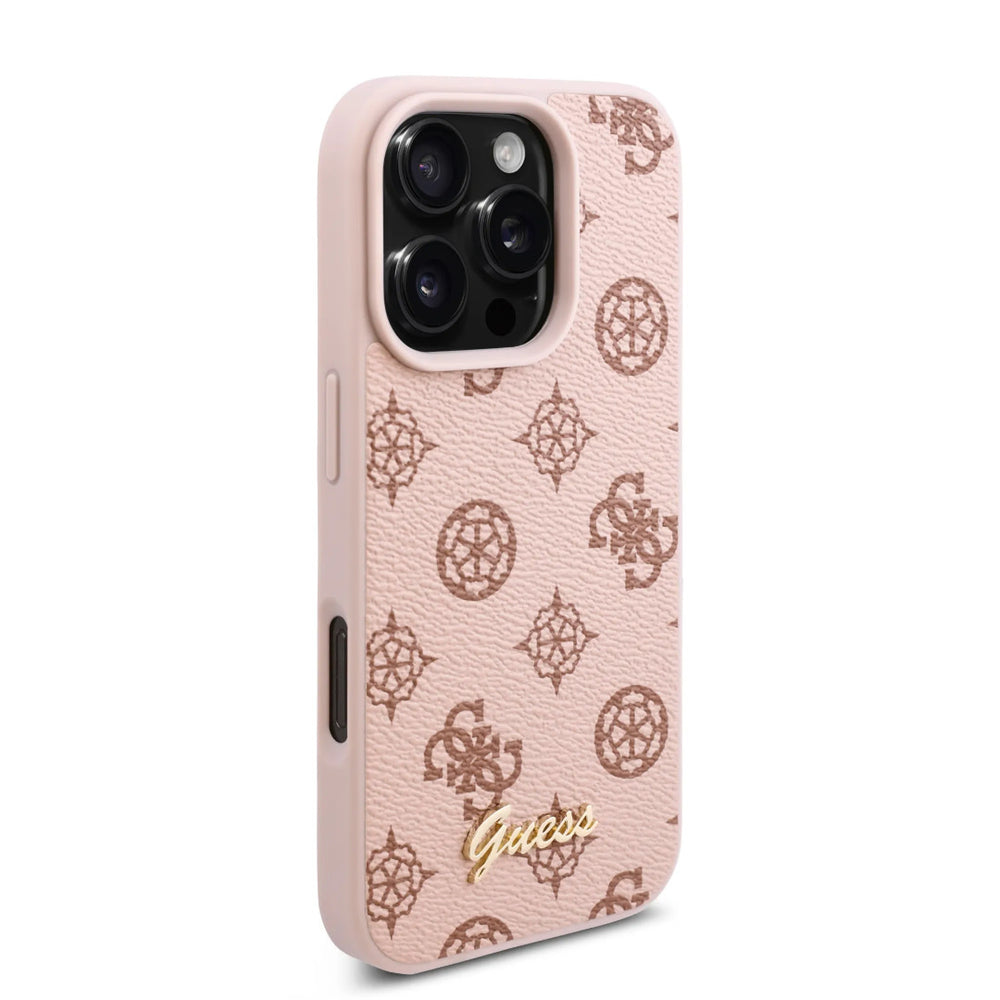 Guess iPhone 16 Pro Backcover hoesje - PU Leather - Peony Script Logo - Bruin-Hoesjes-Ilumina Benelux