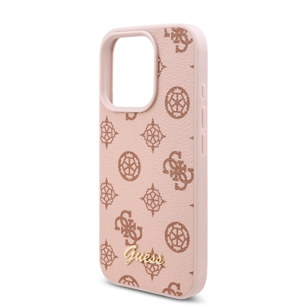 Guess iPhone 16 Pro Backcover hoesje - PU Leather - Peony Script Logo - Bruin-Hoesjes-Ilumina Benelux