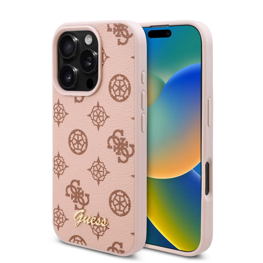 Guess iPhone 16 Pro Backcover hoesje - PU Leather - Peony Script Logo - Bruin-Hoesjes-Ilumina Benelux