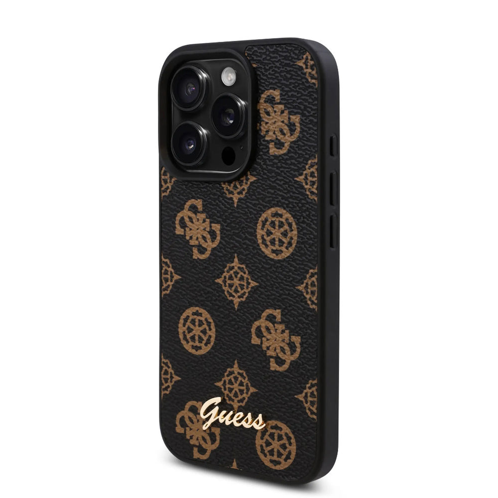 Guess iPhone 16 Pro Backcover hoesje - PU Leather - Peony Script Logo - Zwart-Hoesjes-Ilumina Benelux