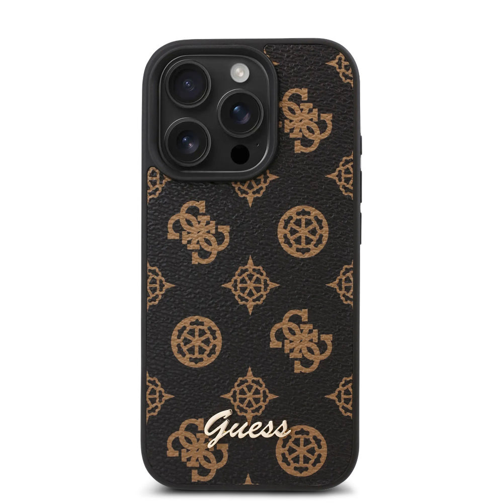Guess iPhone 16 Pro Backcover hoesje - PU Leather - Peony Script Logo - Zwart-Hoesjes-Ilumina Benelux