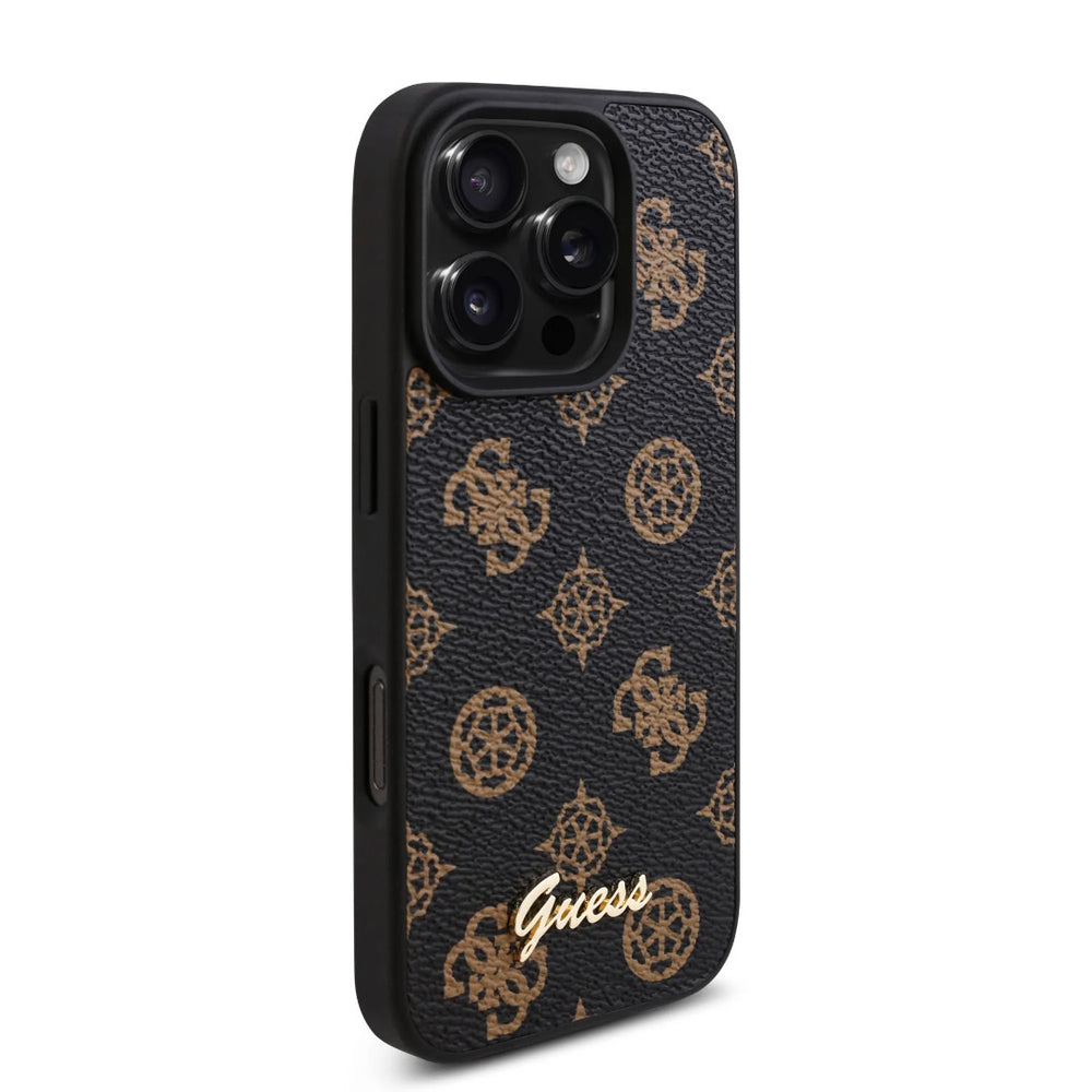 Guess iPhone 16 Pro Backcover hoesje - PU Leather - Peony Script Logo - Zwart-Hoesjes-Ilumina Benelux