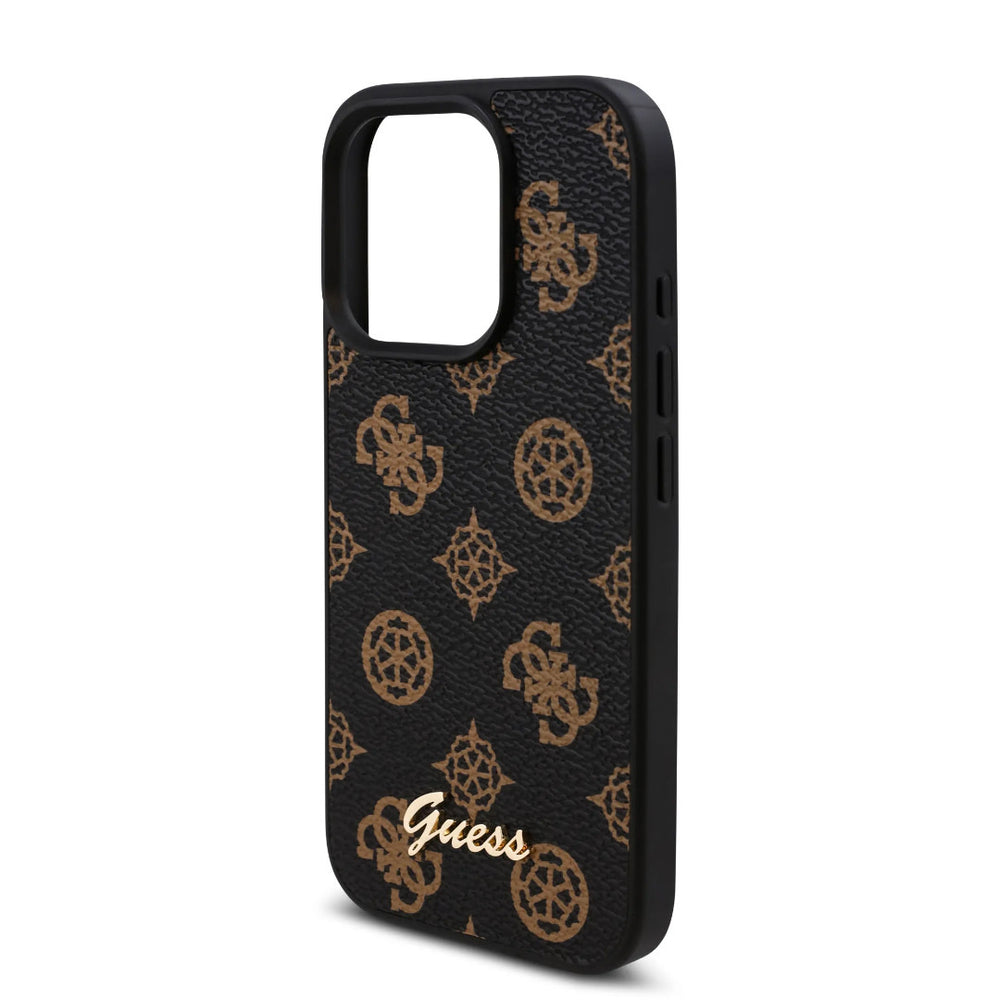 Guess iPhone 16 Pro Backcover hoesje - PU Leather - Peony Script Logo - Zwart-Hoesjes-Ilumina Benelux