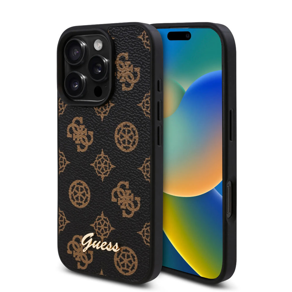 Guess iPhone 16 Pro Backcover hoesje - PU Leather - Peony Script Logo - Zwart-Hoesjes-Ilumina Benelux