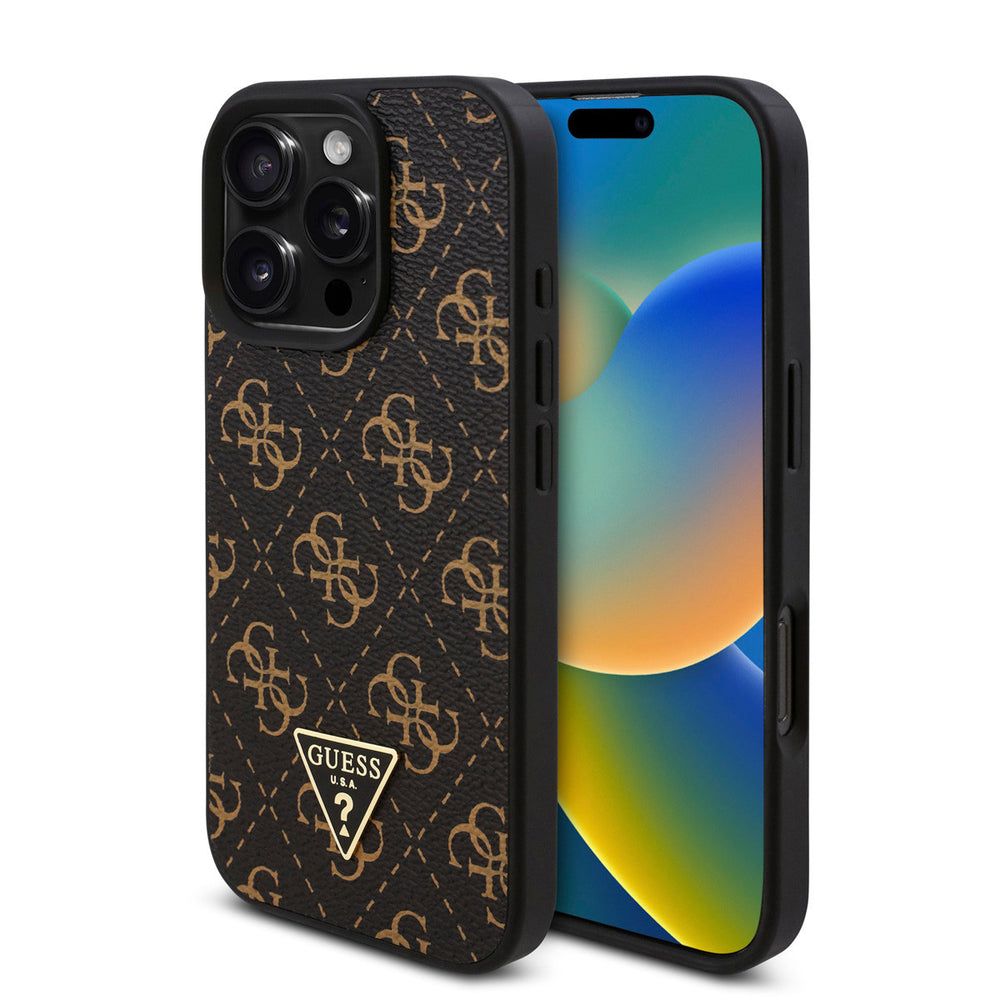 Guess iPhone 16 Pro Max Backcover hoesje - 4G Background - Triangle Logo - Zwart-Hoesjes-Ilumina Benelux