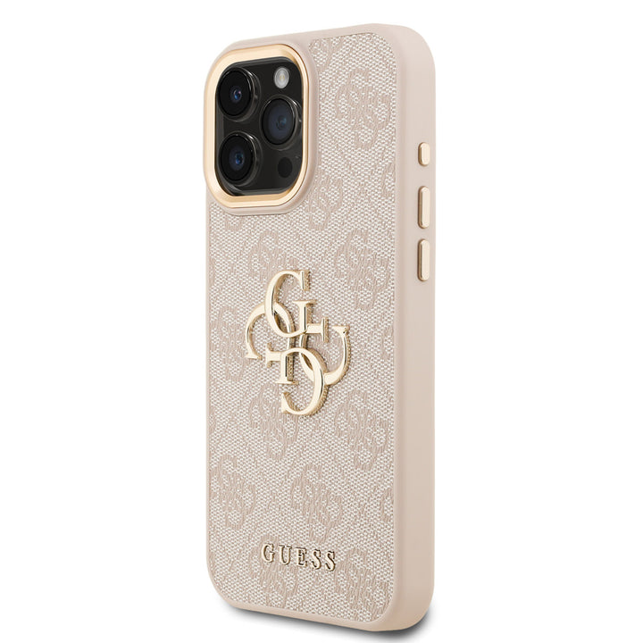 Guess iPhone 16 Pro Max Backcover hoesje - 4G - Big Metal Logo - Gold Edge - Roze-Hoesjes-Ilumina Benelux