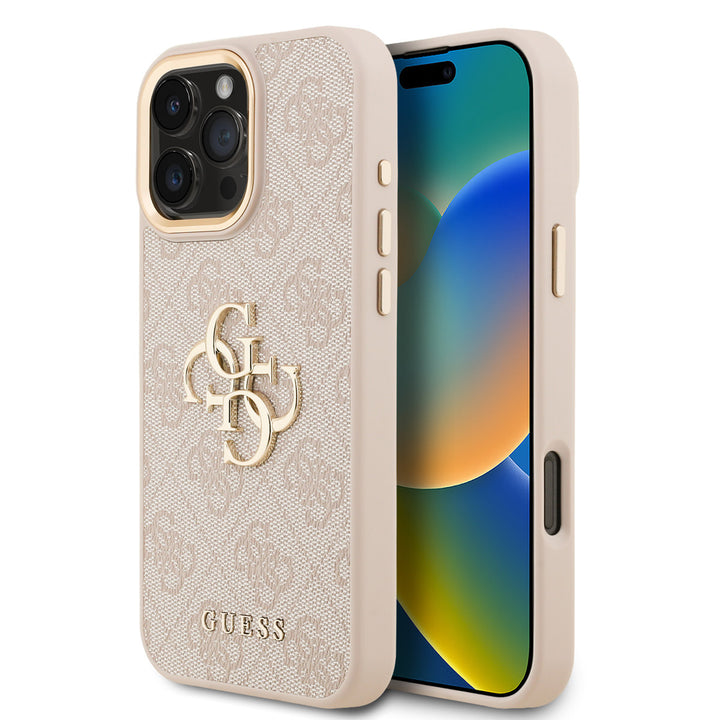 Guess iPhone 16 Pro Max Backcover hoesje - 4G - Big Metal Logo - Gold Edge - Roze-Hoesjes-Ilumina Benelux