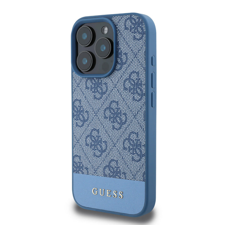Guess iPhone 16 Pro Max Backcover hoesje - 4G PU Leather - Bottom Stripe - Blauw-Hoesjes-Ilumina Benelux