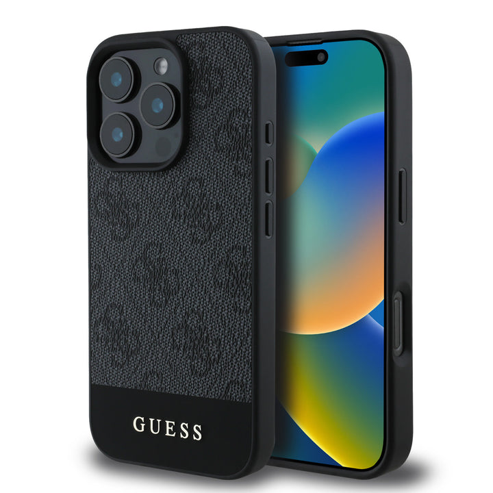 Guess iPhone 16 Pro Max Backcover hoesje - 4G PU Leather - Bottom Stripe - Grijs-Hoesjes-Ilumina Benelux