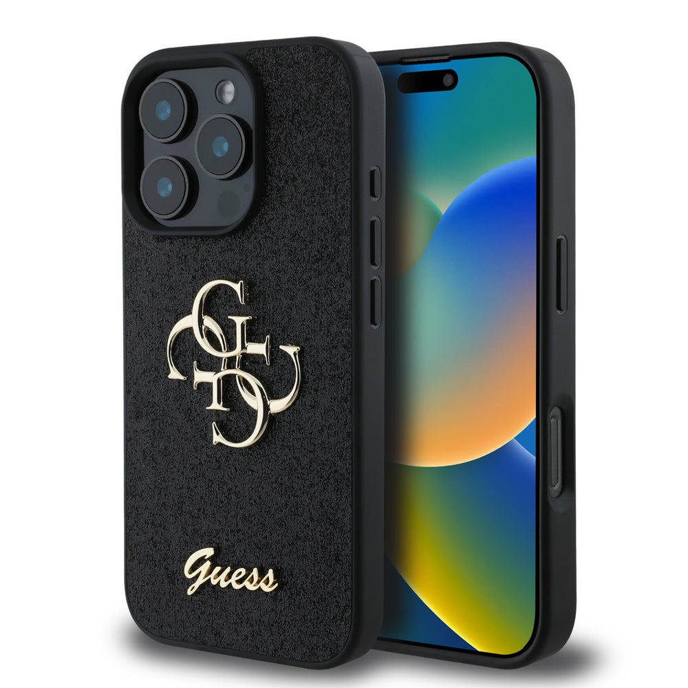 Guess iPhone 16 Pro Max Backcover hoesje - Big 4G - Fixed Glitter - Zwart-Hoesjes-Ilumina Benelux