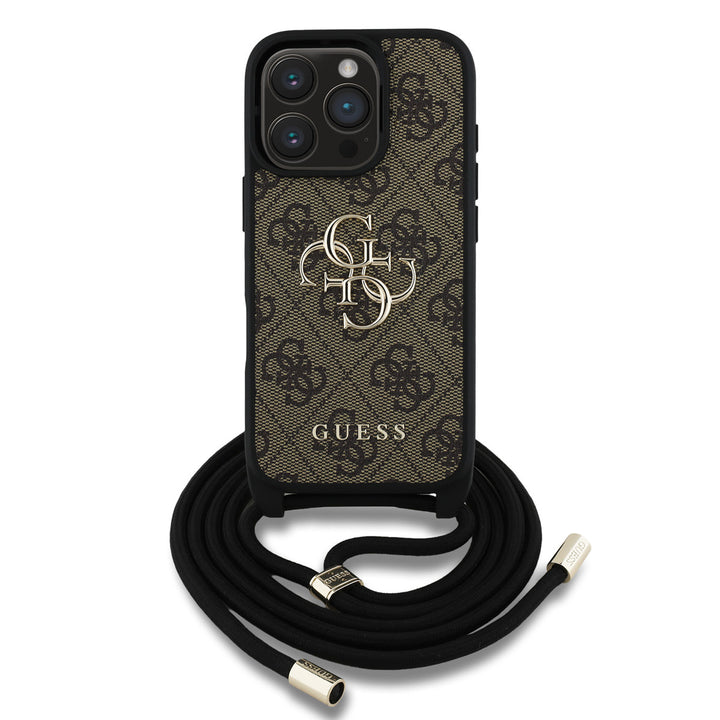 Guess iPhone 16 Pro Max Backcover hoesje - Crossbody 4G Big Logo - Cord Strap - Bruin-Hoesjes-Ilumina Benelux