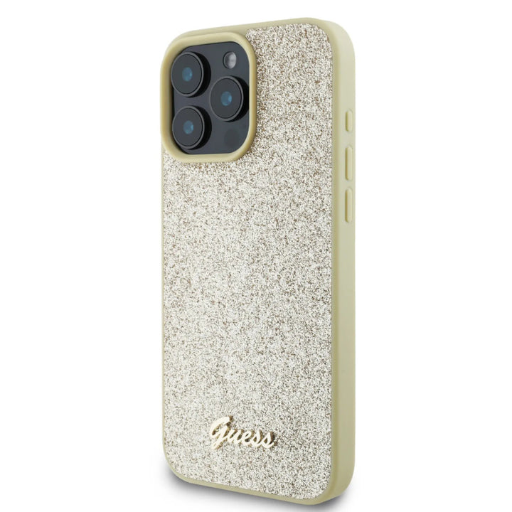 Guess iPhone 16 Pro Max Backcover hoesje - Fixed Glitter - Script Metal Logo - Goud-Hoesjes-Ilumina Benelux