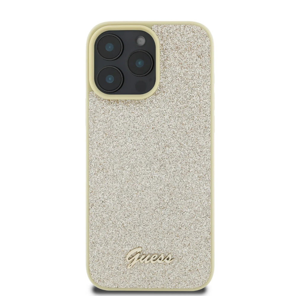 Guess iPhone 16 Pro Max Backcover hoesje - Fixed Glitter - Script Metal Logo - Goud-Hoesjes-Ilumina Benelux