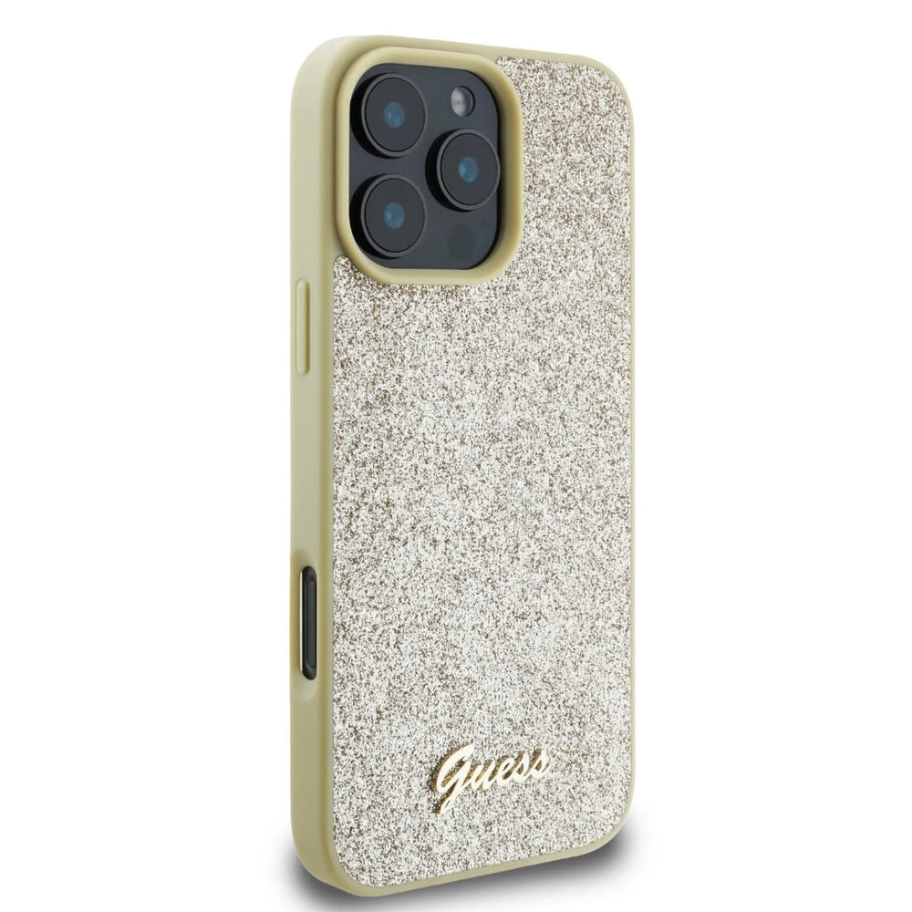 Guess iPhone 16 Pro Max Backcover hoesje - Fixed Glitter - Script Metal Logo - Goud-Hoesjes-Ilumina Benelux