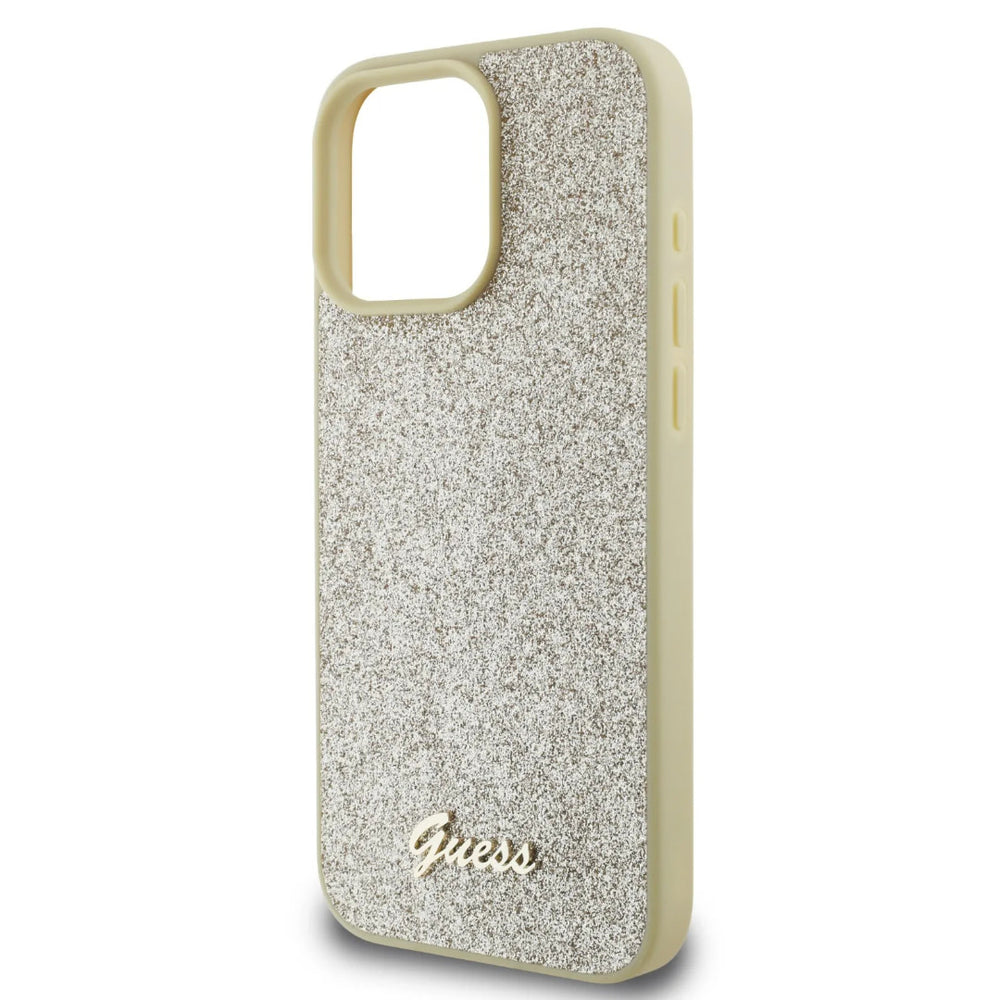 Guess iPhone 16 Pro Max Backcover hoesje - Fixed Glitter - Script Metal Logo - Goud-Hoesjes-Ilumina Benelux