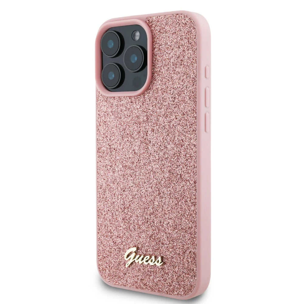 Guess iPhone 16 Pro Max Backcover hoesje - Fixed Glitter - Script Metal Logo - Roze-Hoesjes-Ilumina Benelux
