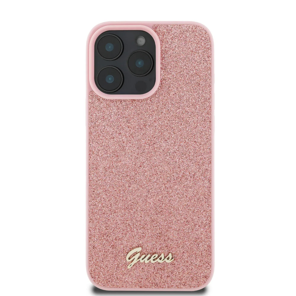Guess iPhone 16 Pro Max Backcover hoesje - Fixed Glitter - Script Metal Logo - Roze-Hoesjes-Ilumina Benelux