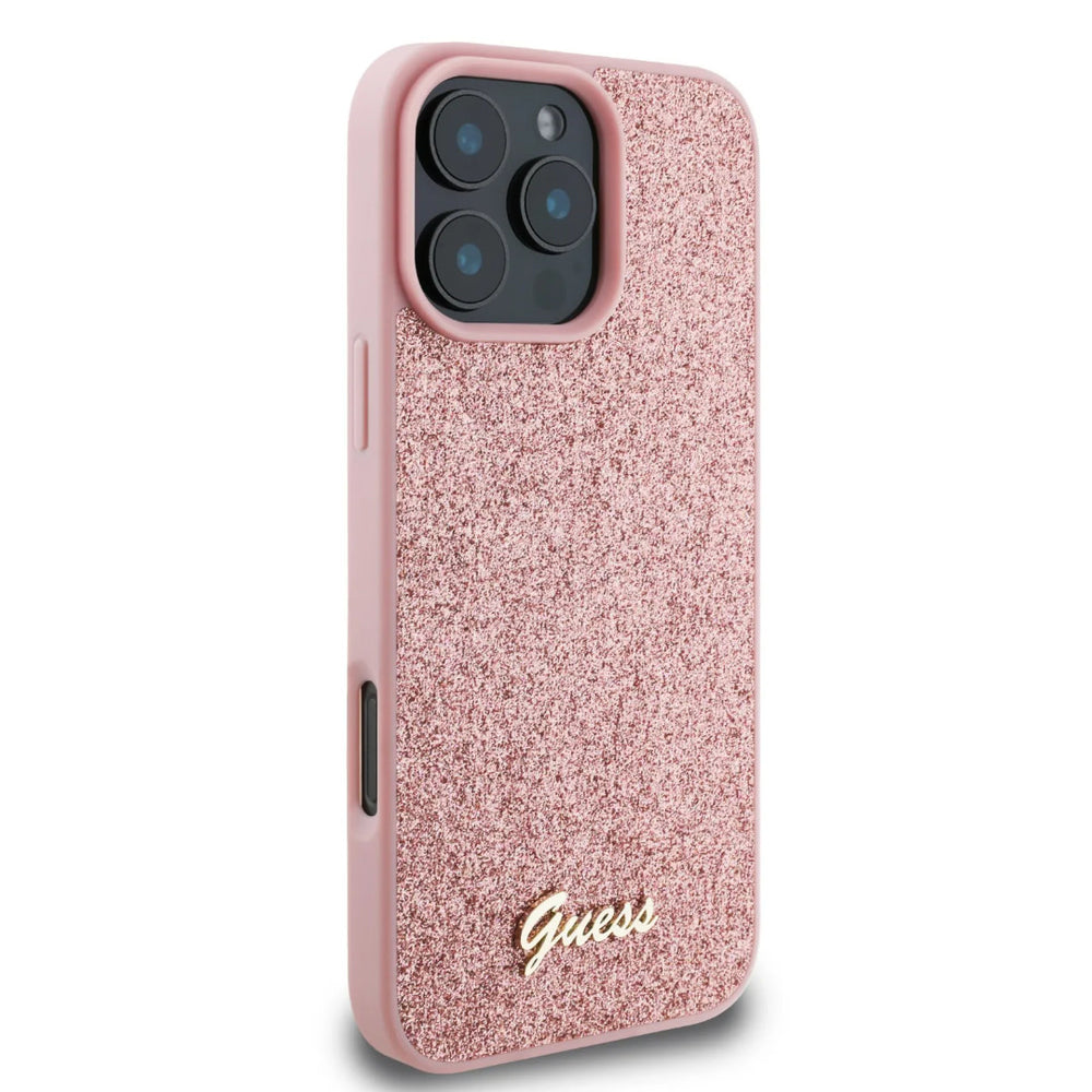 Guess iPhone 16 Pro Max Backcover hoesje - Fixed Glitter - Script Metal Logo - Roze-Hoesjes-Ilumina Benelux