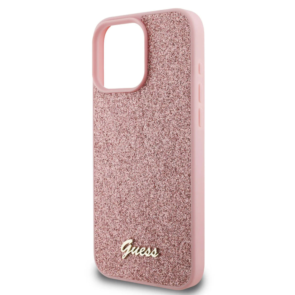 Guess iPhone 16 Pro Max Backcover hoesje - Fixed Glitter - Script Metal Logo - Roze-Hoesjes-Ilumina Benelux