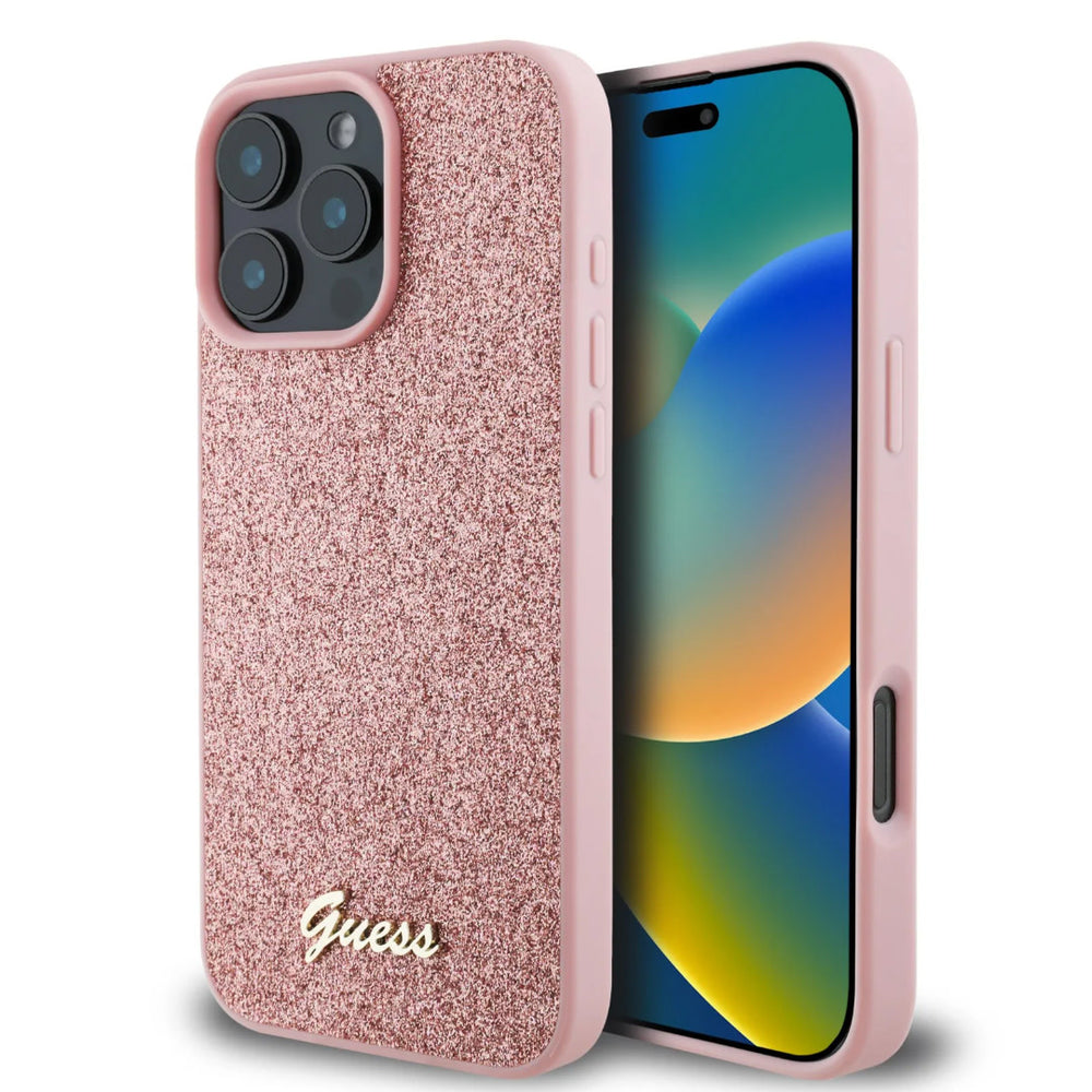 Guess iPhone 16 Pro Max Backcover hoesje - Fixed Glitter - Script Metal Logo - Roze-Hoesjes-Ilumina Benelux