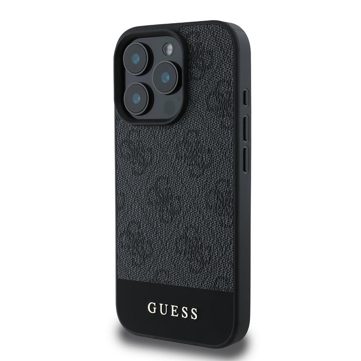 Guess iPhone 16 Pro Max Backcover hoesje - Magsafe - 4G PU Leather - Bottom Stripe - Grijs-Hoesjes-Ilumina Benelux