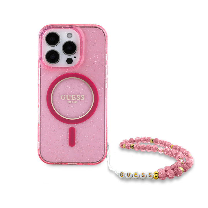 Guess iPhone 16 Pro Max Backcover hoesje - Magsafe - Glitter - Pearl Strap - Roze-Hoesjes-Ilumina Benelux