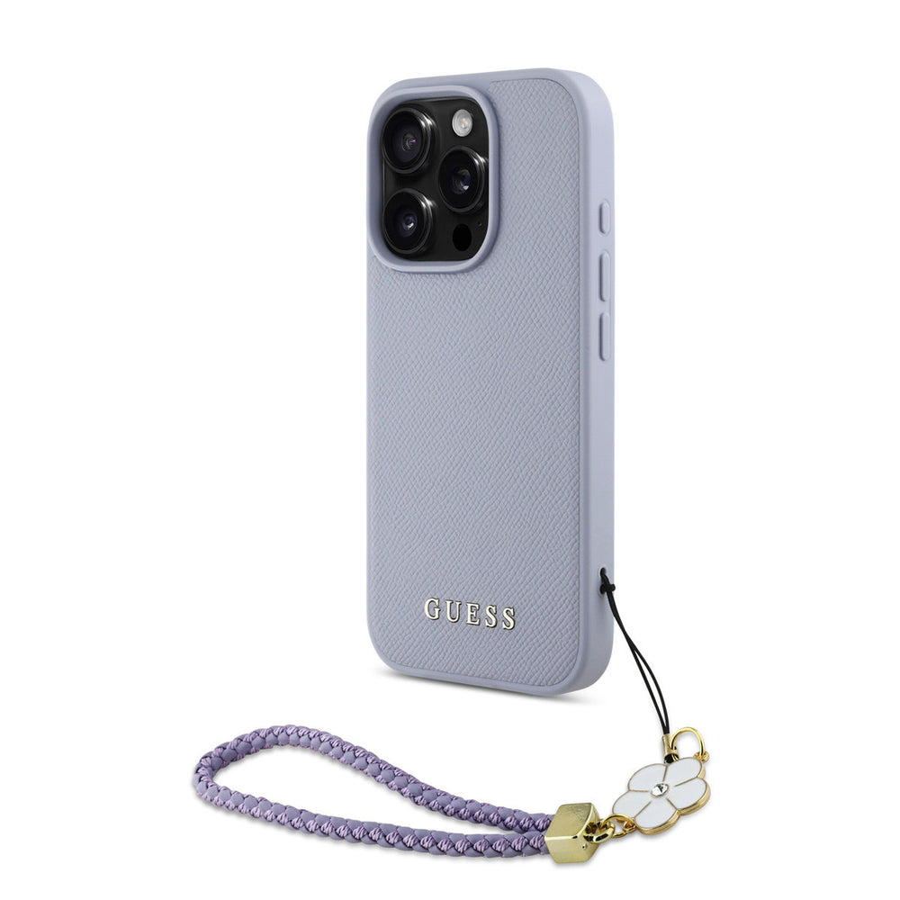 Guess iPhone 16 Pro Max Backcover hoesje - Magsafe - Grained - Flower Charm Strap - Paars-Hoesjes-Ilumina Benelux