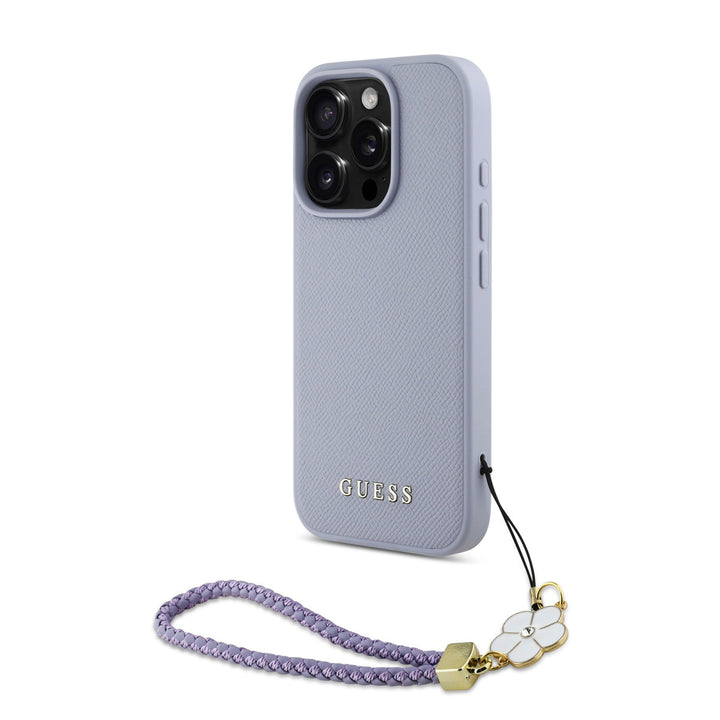 Guess iPhone 16 Pro Max Backcover hoesje - Magsafe - Grained - Flower Charm Strap - Paars-Hoesjes-Ilumina Benelux