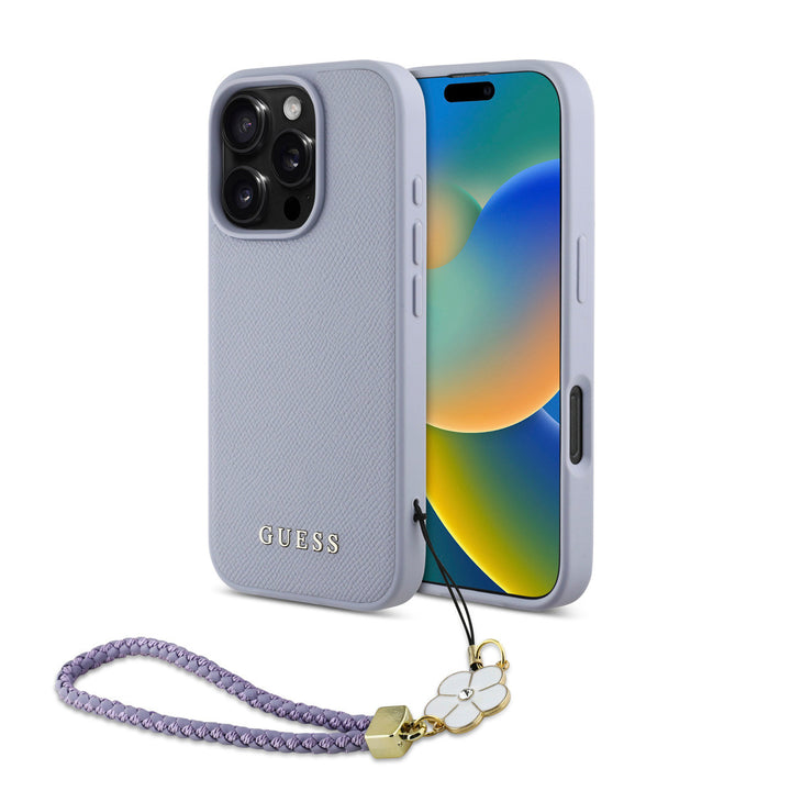 Guess iPhone 16 Pro Max Backcover hoesje - Magsafe - Grained - Flower Charm Strap - Paars-Hoesjes-Ilumina Benelux