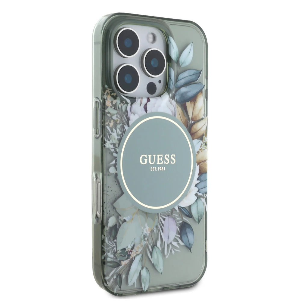 Guess iPhone 16 Pro Max Backcover hoesje - Magsafe IML - Flower Design & Tonal Circle Logo - Groen-Hoesjes-Ilumina Benelux