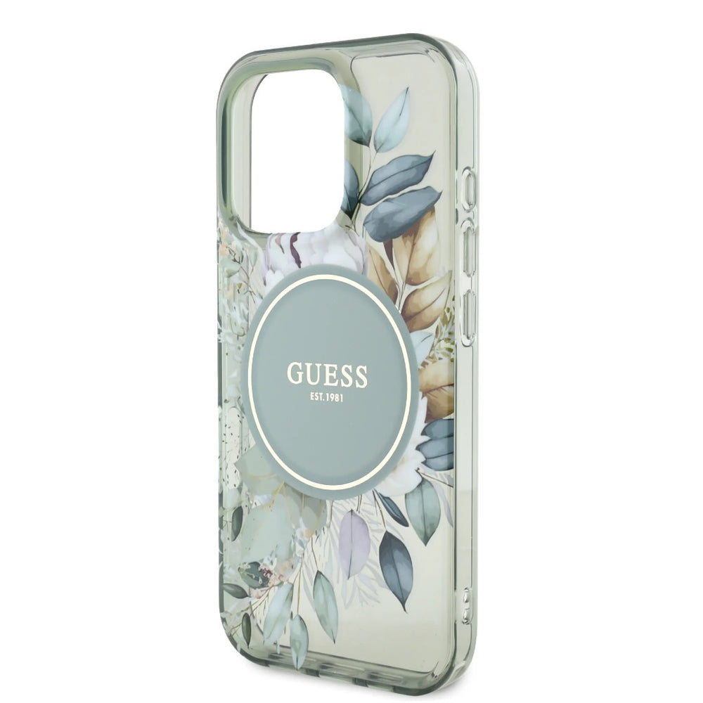 Guess iPhone 16 Pro Max Backcover hoesje - Magsafe IML - Flower Design & Tonal Circle Logo - Groen-Hoesjes-Ilumina Benelux