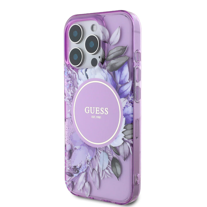 Guess iPhone 16 Pro Max Backcover hoesje - Magsafe IML - Flower Design & Tonal Circle Logo - Paars-Hoesjes-Ilumina Benelux
